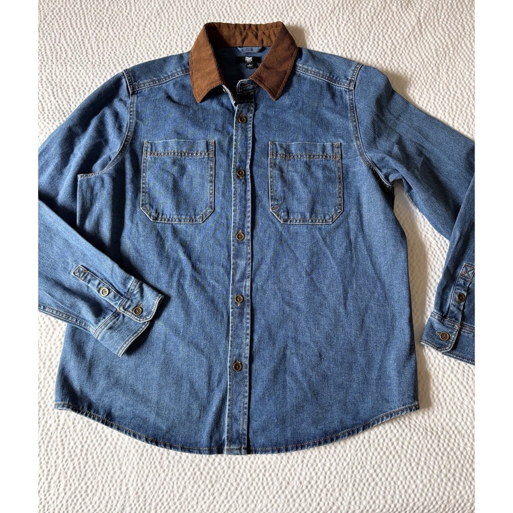 Frye Denim Shirt Men Sz L Chore Coat Barn Jacket Corduroy Collar 100% Cotton